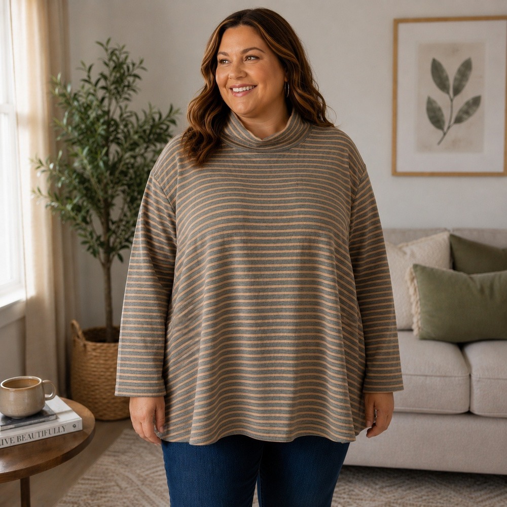 J Jill Womens Striped Mock Neck Tunic Sweatshirt Plus Size 4X Gray Tan Office‎